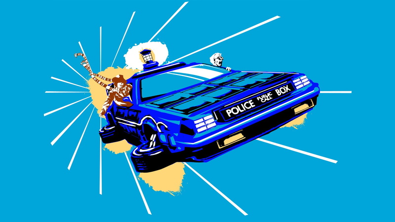 blue, technology, doctor who back to the future tardis delorean artwork tv the doctor crossover time travel tom baker, cyborg, internet, cable, power supply