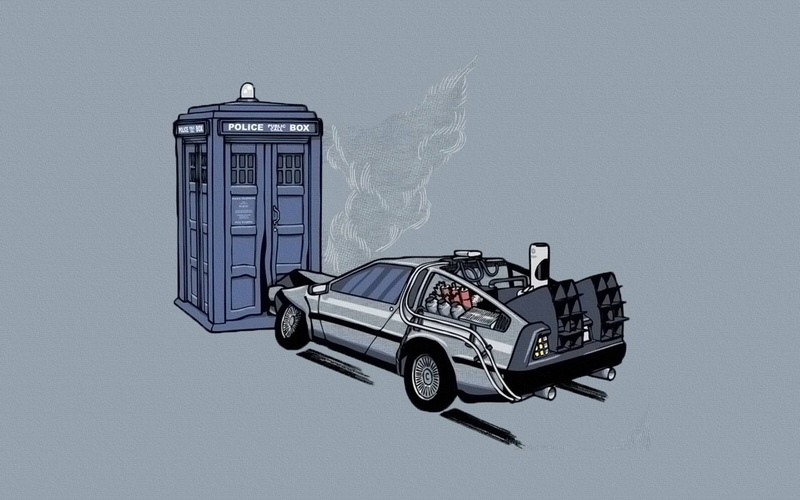 no People, Back to the future, travel, Doctor Who, The DeLorean, digital composite, police, delorean, sky, The TARDIS, street, copy space, building, nature
