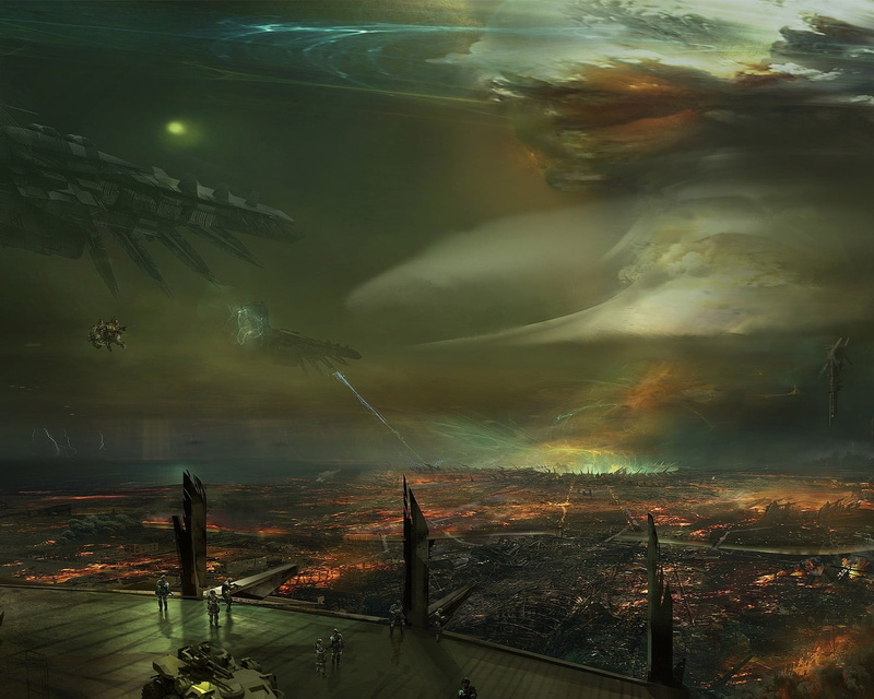 gray, water, scenics, building exterior, residential district, night, tree, illustration, spaceship, spooky, 720P, mountain, outdoors, fog, cityscape