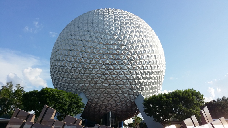 future, day, cloud - sky, round, epcot spaceship earth, nature, low angle view, 2K, building, epcot ball, plant, statue, built structure, no people, silver colored