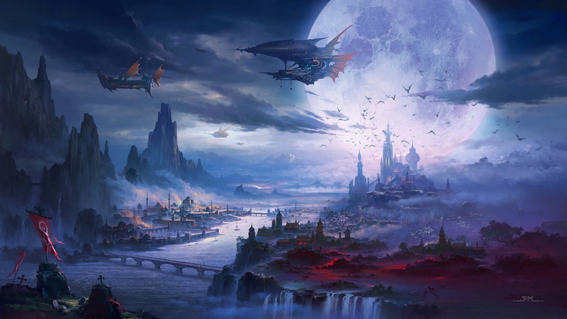 1080P, Sci Fi, Moon, Night, Landscape, Steampunk, Vehicle, City