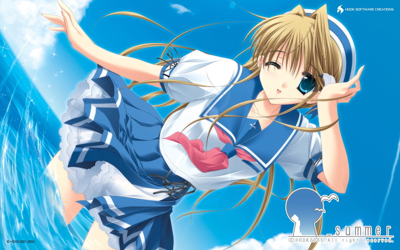 seifuku, summer, konami, blonde, hatano, 720P, eyes, hair, wink, blue, hat