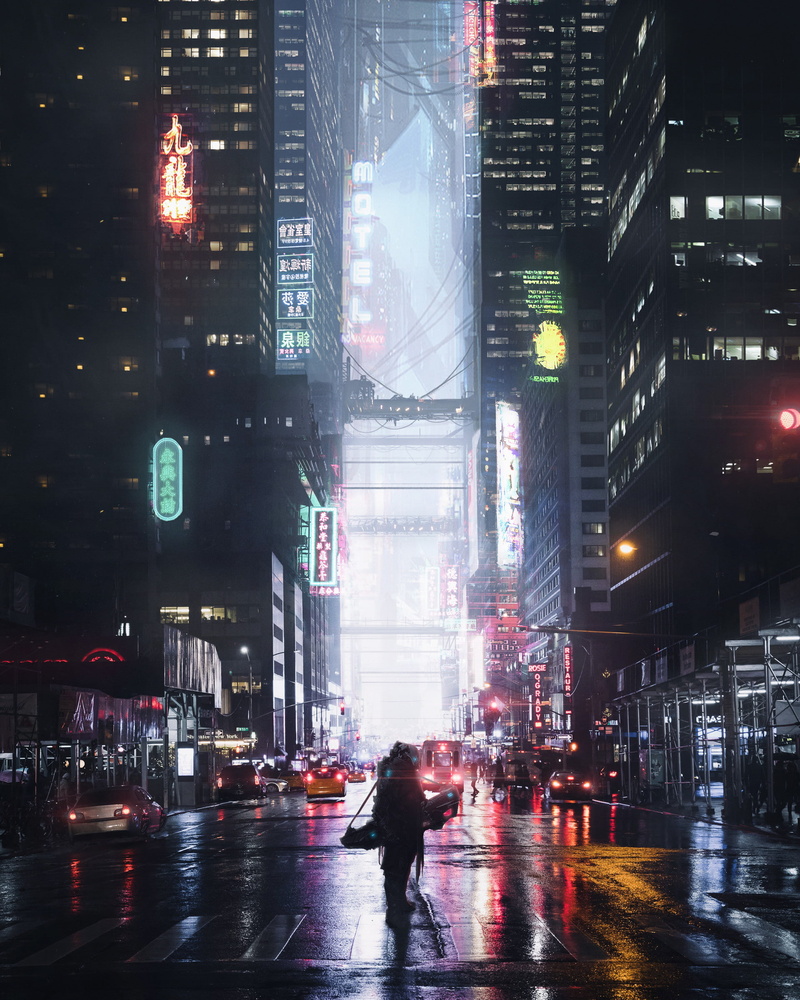 street, building exterior, transportation, skyscraper, artwork, cyberpunk, Erik Osvald, travel, night, road, city life, building, modern, motion, architecture
