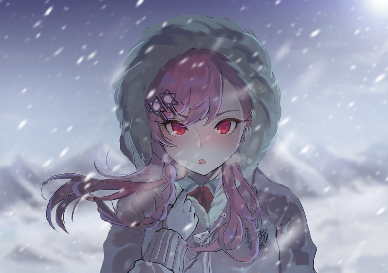 Anime, snow, hoodie, negev, close-up, no people, day, pink hair, sky, nature, 1080P, creativity, girls frontline, art and craft, outdoors, human representation