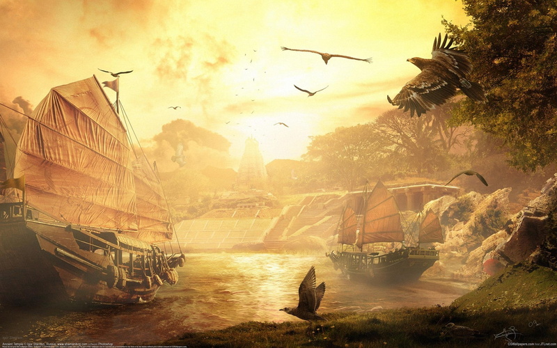 clouds, Igor Staritsin, flock of birds, digital composite, animal wildlife, sunset, ships, architecture, CG, sky, nature, fantasy, birds, animals in the wild