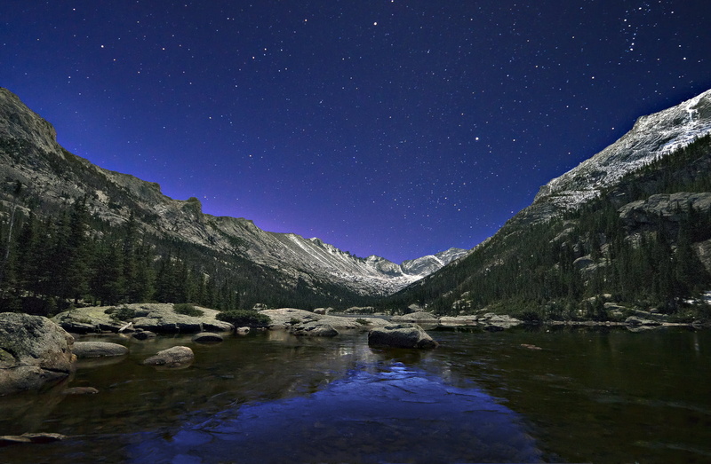 mountain, river, Mills Lake, outdoors, snow, before dawn, Rocky Mountain National Park, landscape, 1080P, nature, scenics, green, white, white mountain