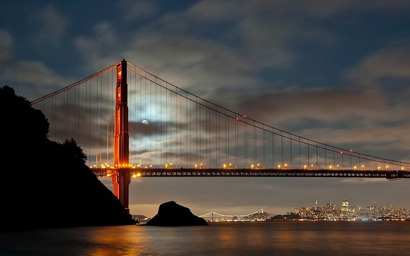 office building exterior, architecture, bridge, engineering, landscape, Moon, city, bridge - man made structure, San Francisco, waterfront, built structure