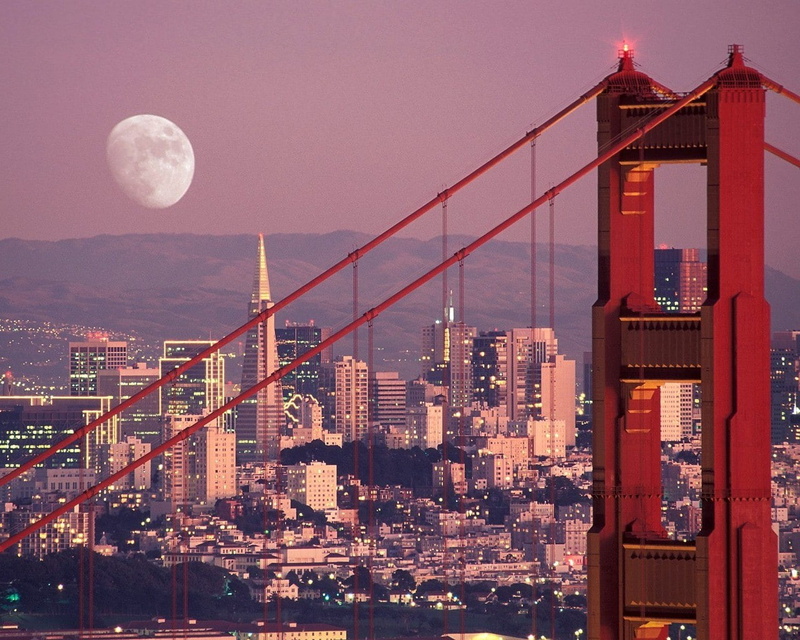 skyscrapers, cityscape, golden, san, francisco, hd, moon, 720P, bridge, gate, buildings
