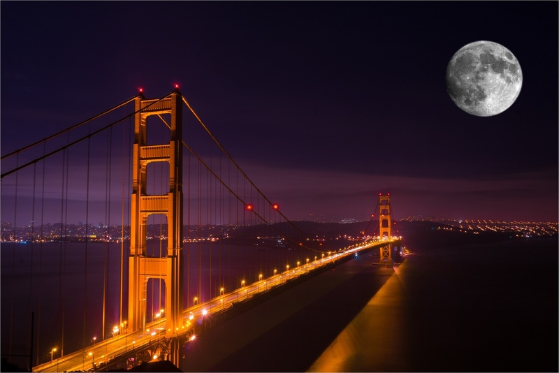 tourism, transportation, famous Place, night, outdoors, full moon, built structure, moon, bridge - Man Made Structure, uSA, ocean, travel destinations