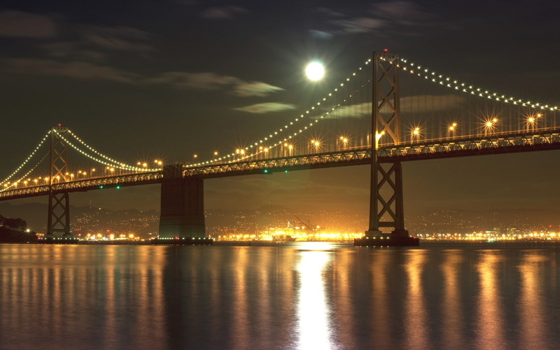 Sea, cloud - sky, Sky, suspension bridge, connection, engineering, Bridges, built structure, 720P, illuminated, architecture, night, bridge, Golden gate