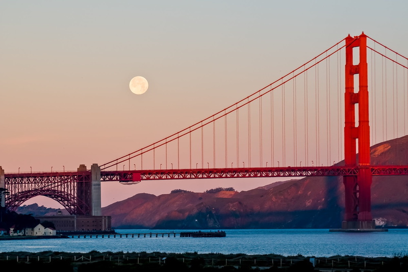 night, suspension bridge, architecture, 1080P, outdoors, golden gate bridge, nature, bay of water, full moon, evening, gate, transportation, landmark