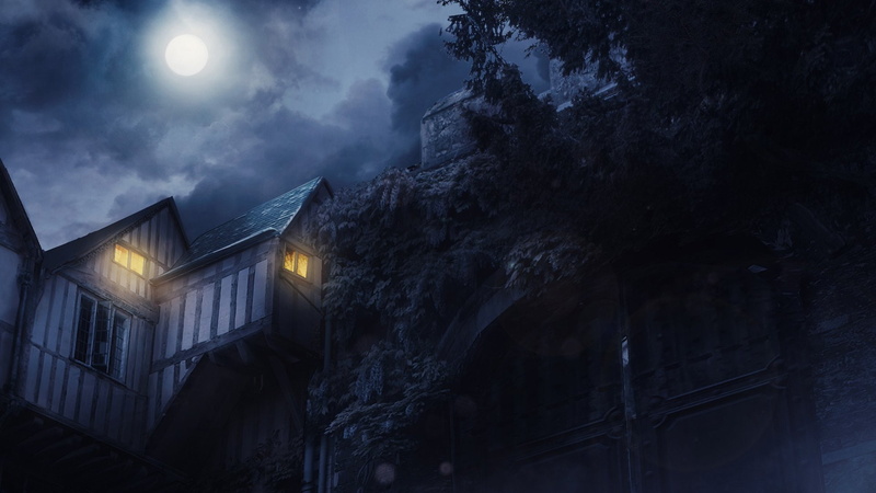 Building, Buildings, Night, 1080P, Cloud, Gate, Moon, Sky, House