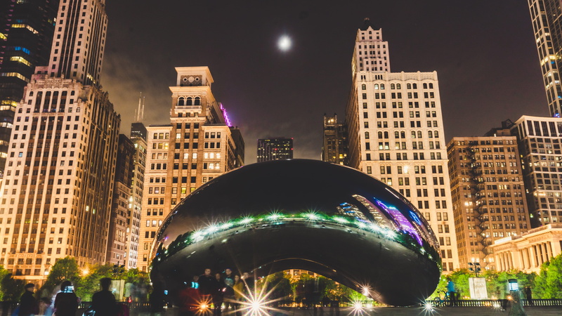building, tower, dusk, reflection, moon, architecture, modern, office building exterior, cloud gate, gate, tourist attraction, city, outdoors, chicago
