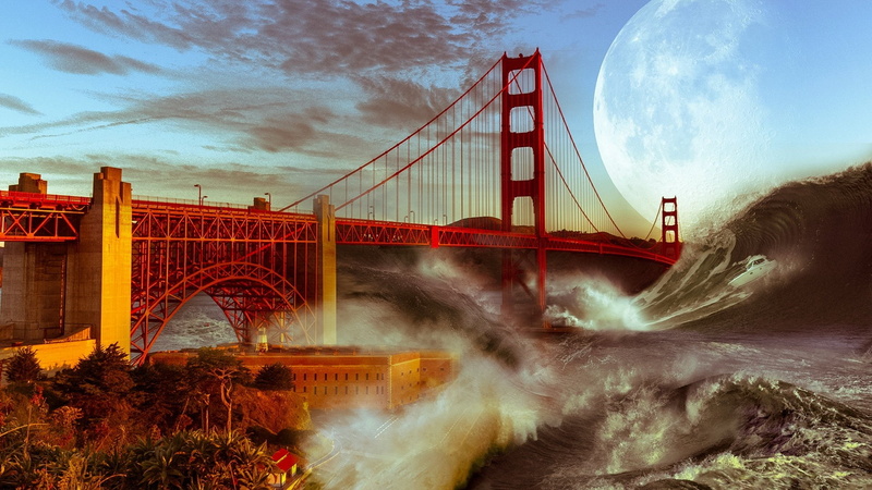 Planet, 1080P, Wave, Sci Fi, Golden Gate, Apocalyptic, Storm, Moon