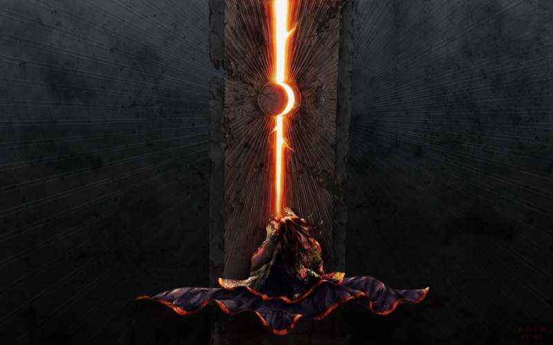 kaguya, video, art, long, g, clothes, gates, space, Moon, hd, 720P, games, dark, hair, houraisan, Touhou, Video Games, Dress, moons, japanese, glowing
