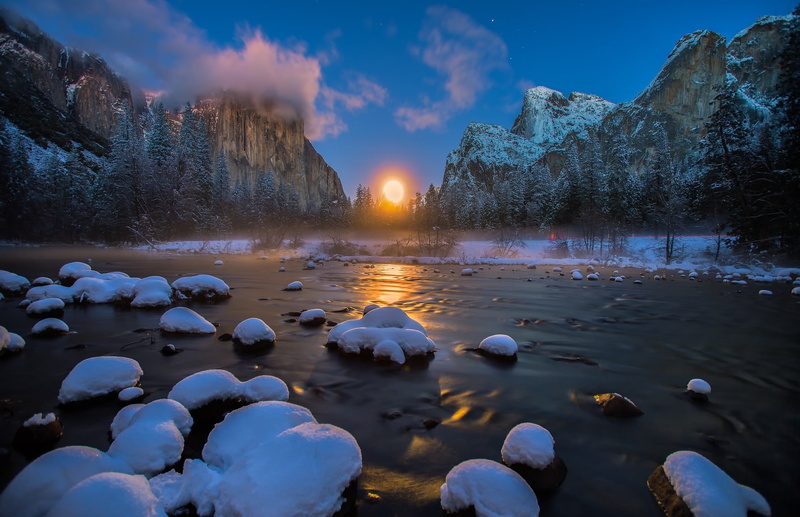 forest, ice, USA, mountains, snow, plant, cold temperature, beauty in nature, no people, cloud - sky, Yosemite National Park, scenics - nature, Gates of the Valley