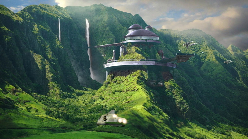 tranquil scene, transportation, green color, tranquility, architecture, cloud - sky, waterfalls, scenics - nature, beauty in nature, white, house, mountain range