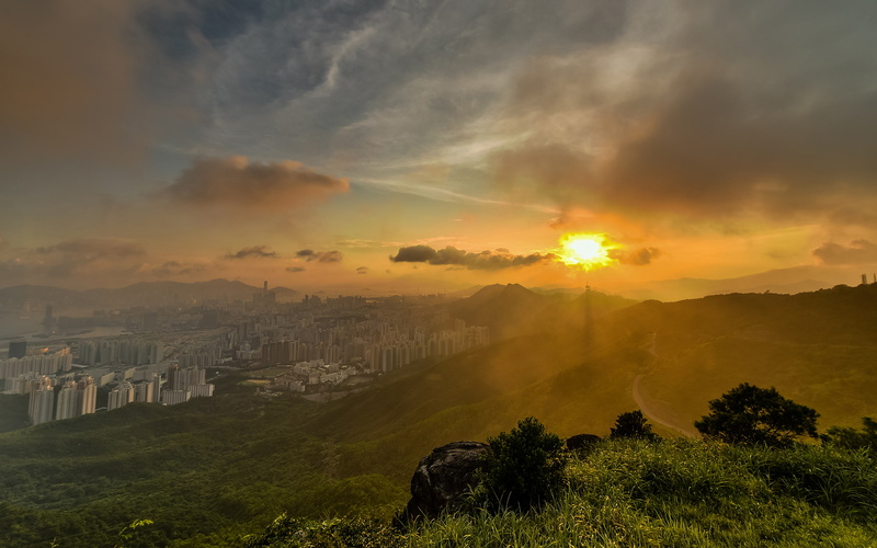 sunset, skyscrapers, grass, sunlight, fog, cityscape, buildings, mist, clouds, 2K, hd