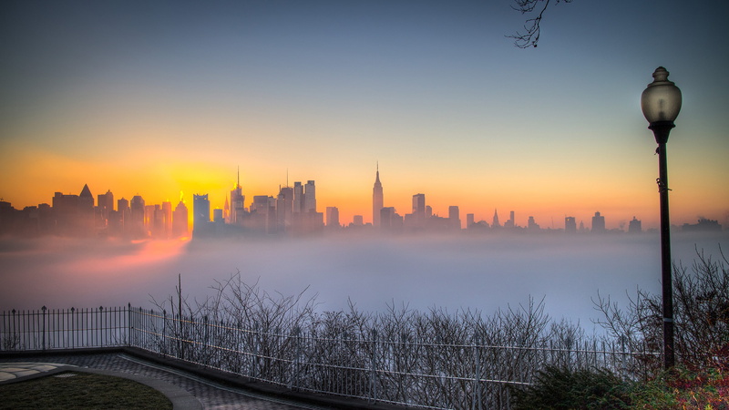 cityscape, 2K, york, buildings, mist, sunset, new, skyscrapers, hd, fog