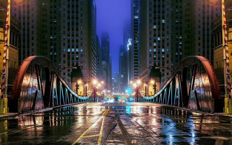 Illinois, Night, City, 1080P, Bridge, USA, Road, Chicago, Lights, Skyscrapers, Buildings