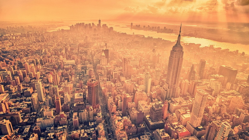 travel destinations, mist, urban skyline, building exterior, built structure, brown, black, sky, landscape, rug, architecture, New York City, office building exterior