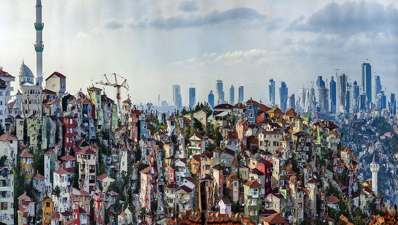 architecture, tower, modern, skyscraper, building exterior, tall - high, residential district, nature, crowded, outdoors, cloud - sky, urban skyline, landscape