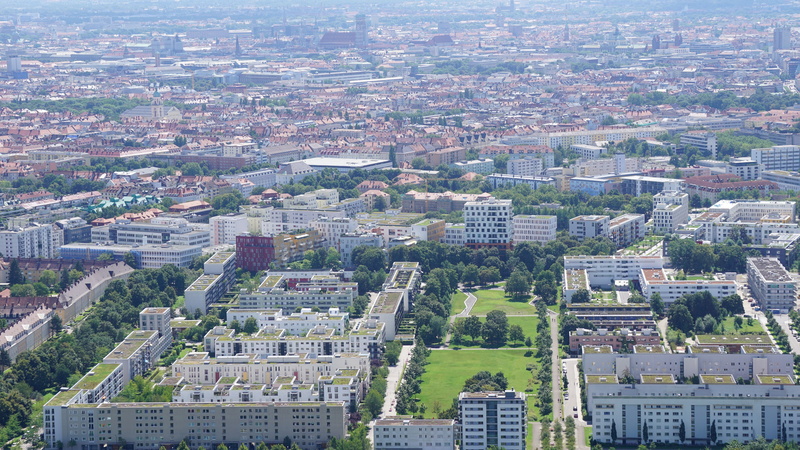 residential district, travel, skyline, city, building exterior, munich, office building exterior, architecture, landscape, muenchen, road, germany, bavaria
