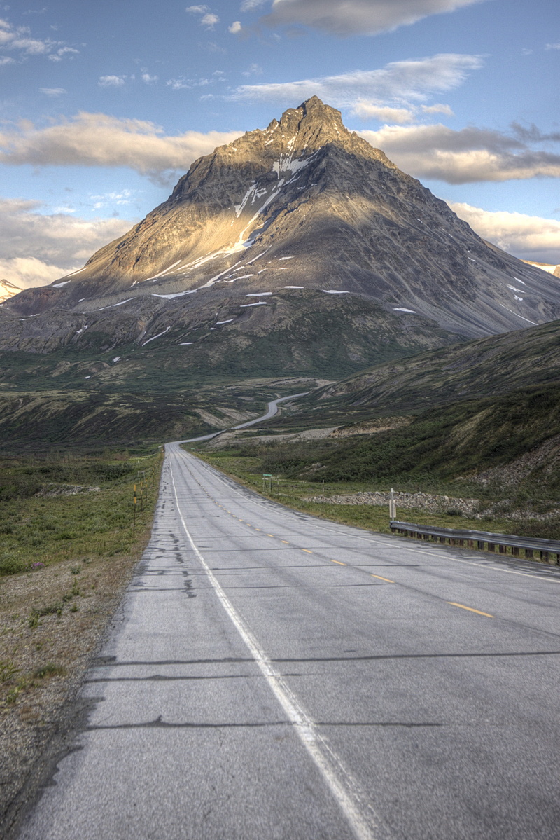 motorcycle, dividing line, symbol, yukon, mountain peak, 4K, beauty in nature, marking, sky, alaska, haines highway, outdoors, non-urban scene, the way forward