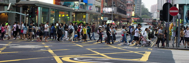 building, building exterior, street, transportation, hong kong, zebra crossing, symbol, group of people, large group of people, sign, town, mongkok, city life