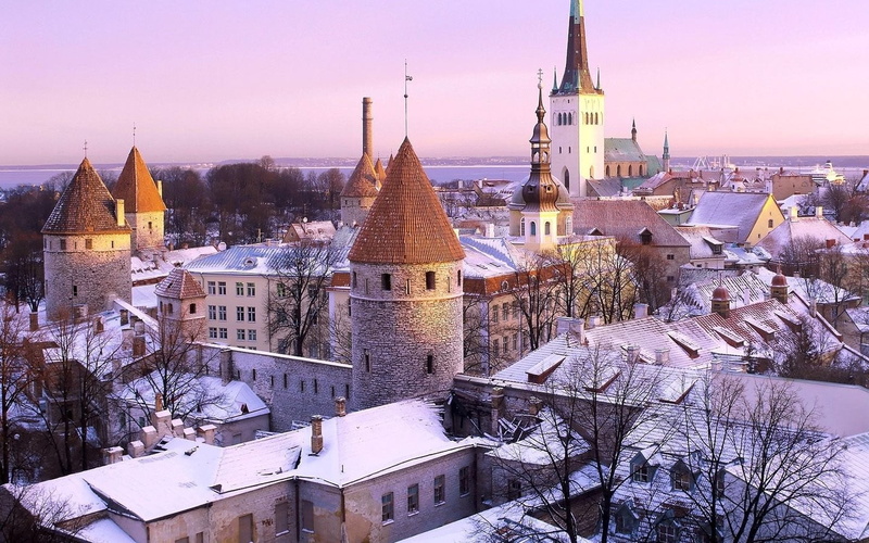 snow, Estonia, belief, spire, 720P, cityscape, sky, high angle view, outdoors, nature, cold temperature, spirituality, snowing, religion, tree, built structure