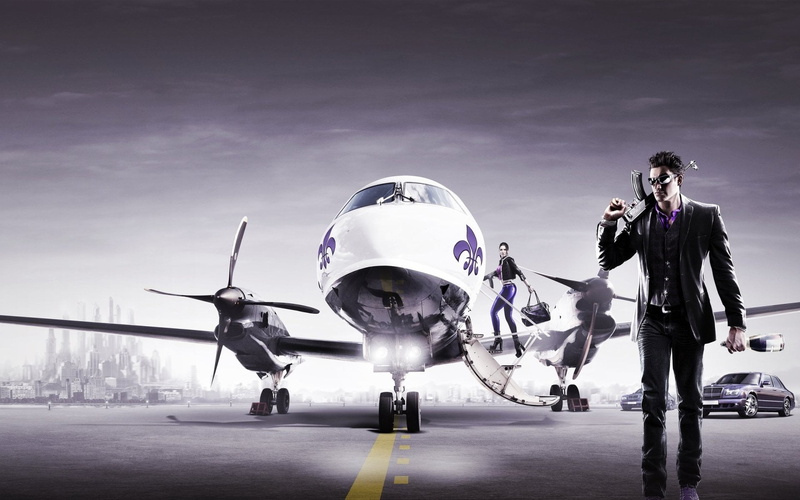 s, digital composite, airplane, Saints Row: The Third, air vehicle, outdoors, dress, standing, Saints Row, black, full length, aerospace industry, airport