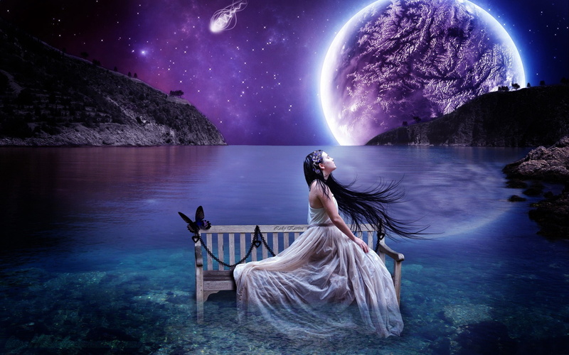 Planet, Sky, Landscape, Water, Lake, Creative, Girl, Benches, Aesthetic, 1080P