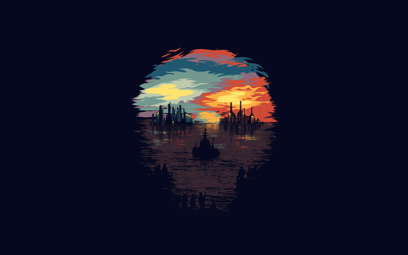architecture, dystopia, sunset, dark, nature, men, art, illustration, silhouette, incidental people, digital composite, sky, real people, standing, minimal