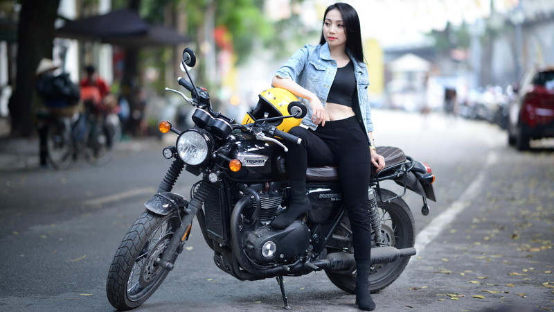 Asian, jeans jacket, model, 1080P, dark hair, bikes, black pants, long hair, women, boots, Biker girl, sitting, helmet, depth of field, Black top