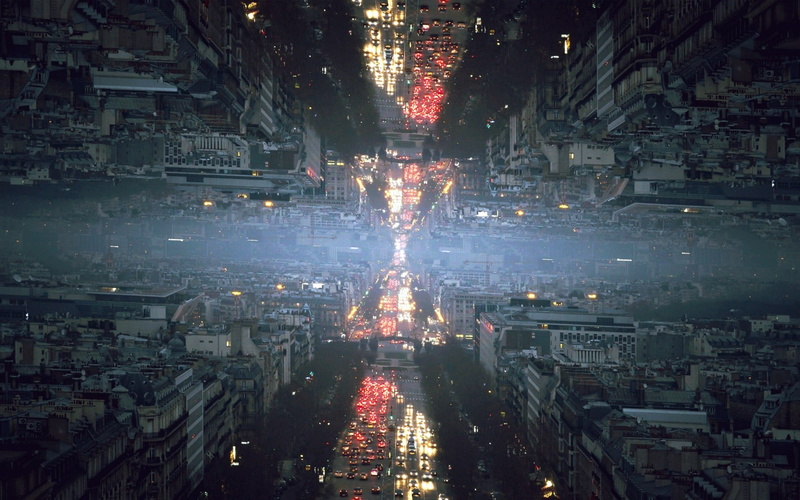 1080P, no people, city life, building exterior, mist, architecture, high angle view, lighted, built structure, street, transportation, glitch art, aerial view