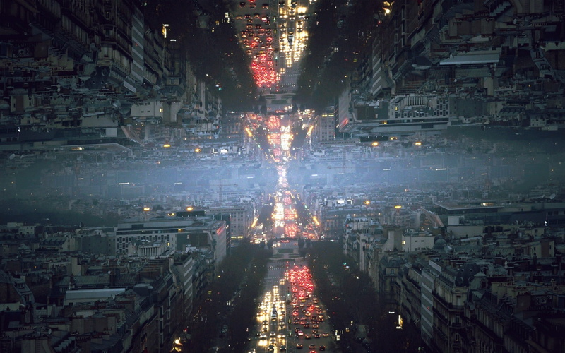 building exterior, cityscape, built structure, night, Mirrored, road, street, glitch Art, mist, architecture, transportation, office building exterior
