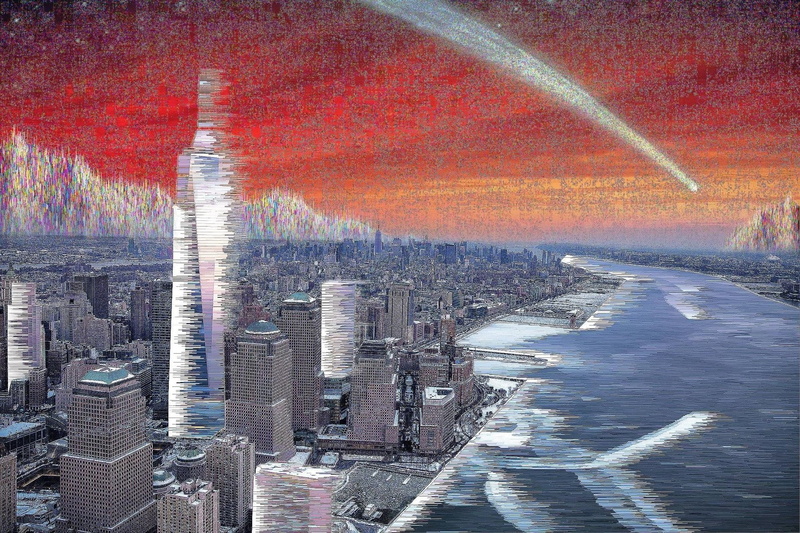 reflection, financial district, no people, skyscraper, day, outdoors, glitch art new york city pixel sorting city, aerial view, beauty in nature, nature