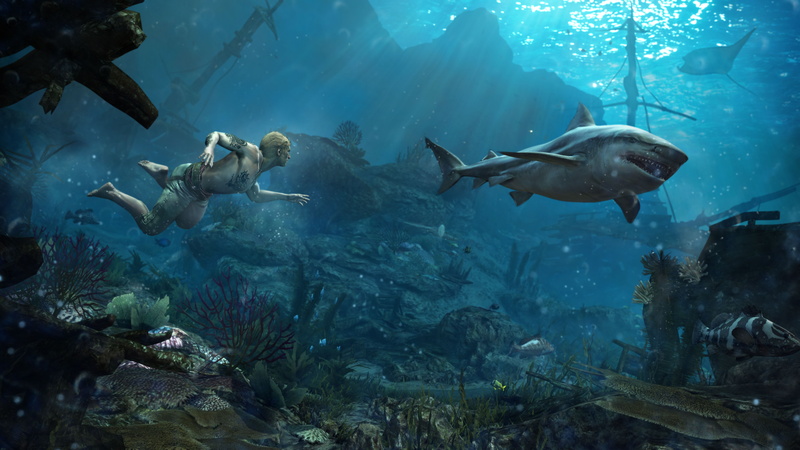creed, ship, sea, fantasy, sharks, men, 5K, ocean, shipwreck, assassins, underwater, flag, world, games, black