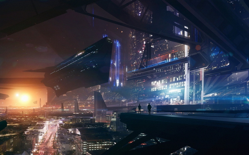 nightlife, illuminated, sky, urban skyline, city life, office building exterior, reflection, city, fantasy Art, architecture, built structure, Mass Effect