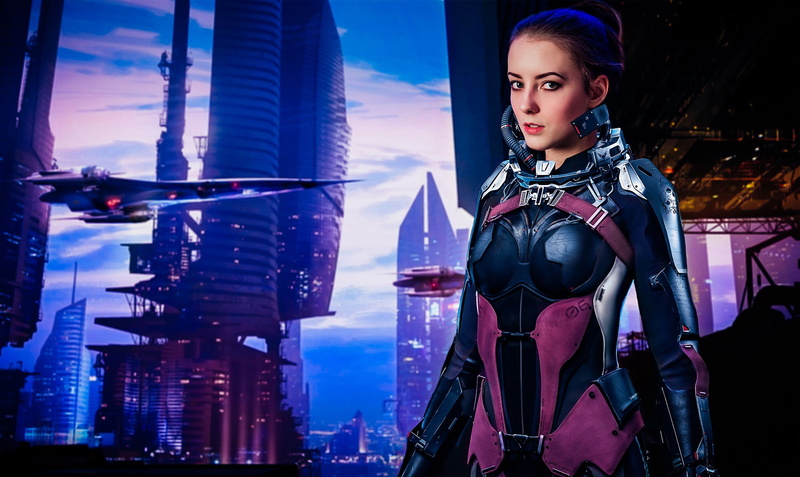 model, light, posing, girl, sight, young, suit, pilot, look, city, sky, pretty, skyscraper, future, evening, dream, spaceship, fantasy, 1080P, portrait