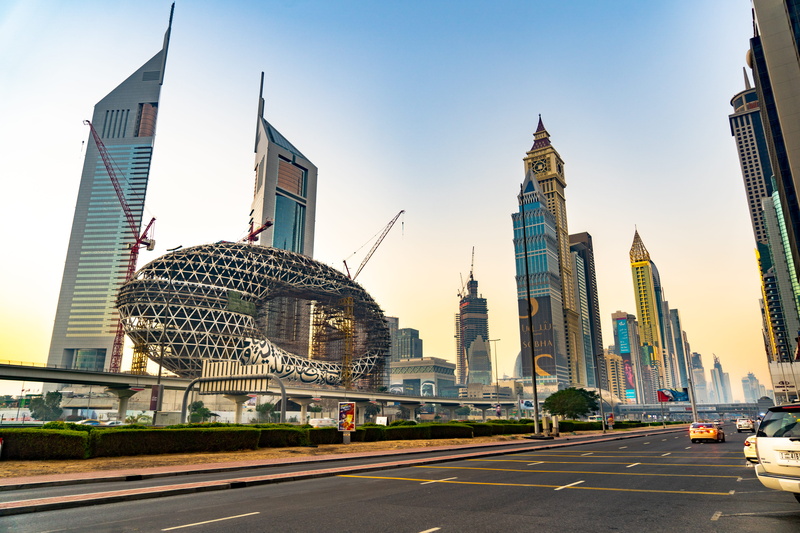 asphalt, arabic, tower, clear sky, automobile, steeple, metropolis, road, office, outdoors, building, urban, buildings sunrise, sky, street, car, office building exterior