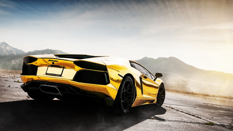 vehicle, rims, golden car, yellow cars, Stance, gold, Lamborghini Aventador, car, 1080P, Lamborghini, landscape