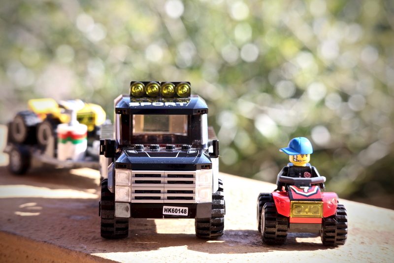 quad, cars, road, lego, mind, gift, mode of transportation, land vehicle, childhood, pastime, 5K, car, toys, truck, tree, vehicle, still life, man, playground