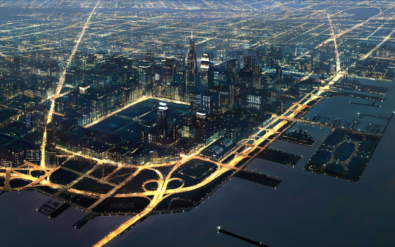 architecture, no people, lights, aerial view, night, water, 1080P, city life, high angle view, cityscape, long exposure, building exterior, road, metropolitan