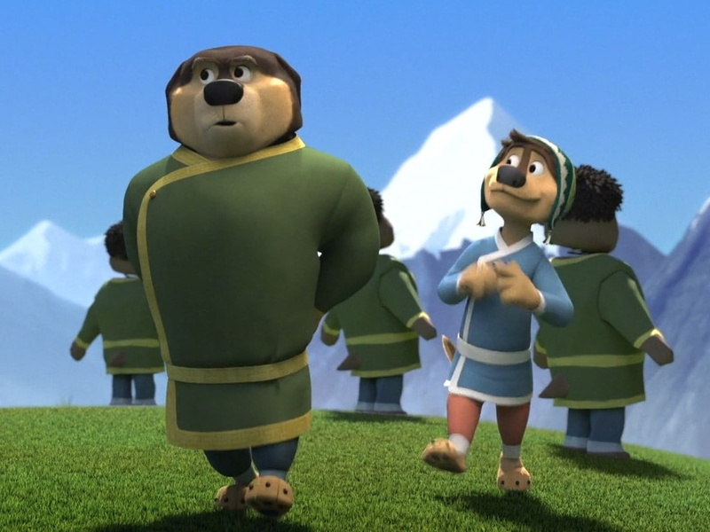 animals, child, screen shot, screengrab, 480P, day, cartoon, people, emotion, costume, males, two people, sky, boys, mountains, family, representation