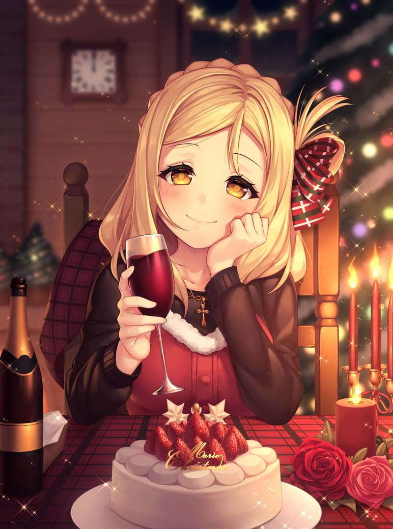 blonde, yellow eyes, candles, drinking glass, 720P, Mari Ohara, bottles, wine, Love Live! Sunshine, smiling, Christmas, anime, necklace, cake, anime girls