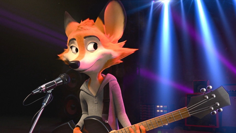 Guitar, Anthro, Rock Dog, Screengrab, 1080P, movies, Microphone, Clothing, Cartoon, Screen Shot, Hoods, Fox, animals, 3d
