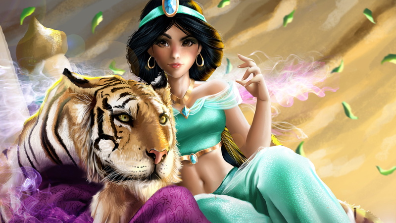 Girl, Tiger, 2K, Black Hair, Woman, Aladdin, Princess Jasmine