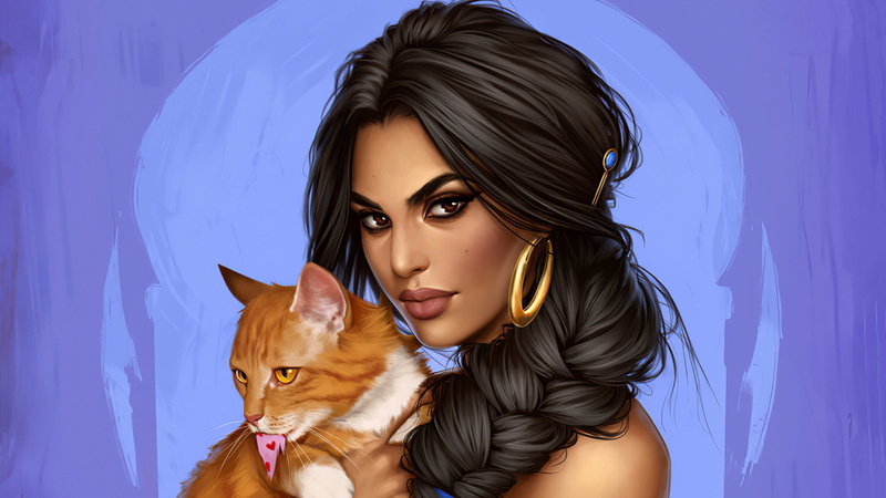 Black Hair, Girl, Cat, Princess Jasmine, Brown Eyes, 2K, Aladdin