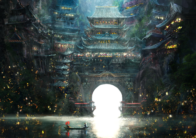 China, 1080P, Shoichi Sugano, fantasy art, city, lake, artwork, digital art